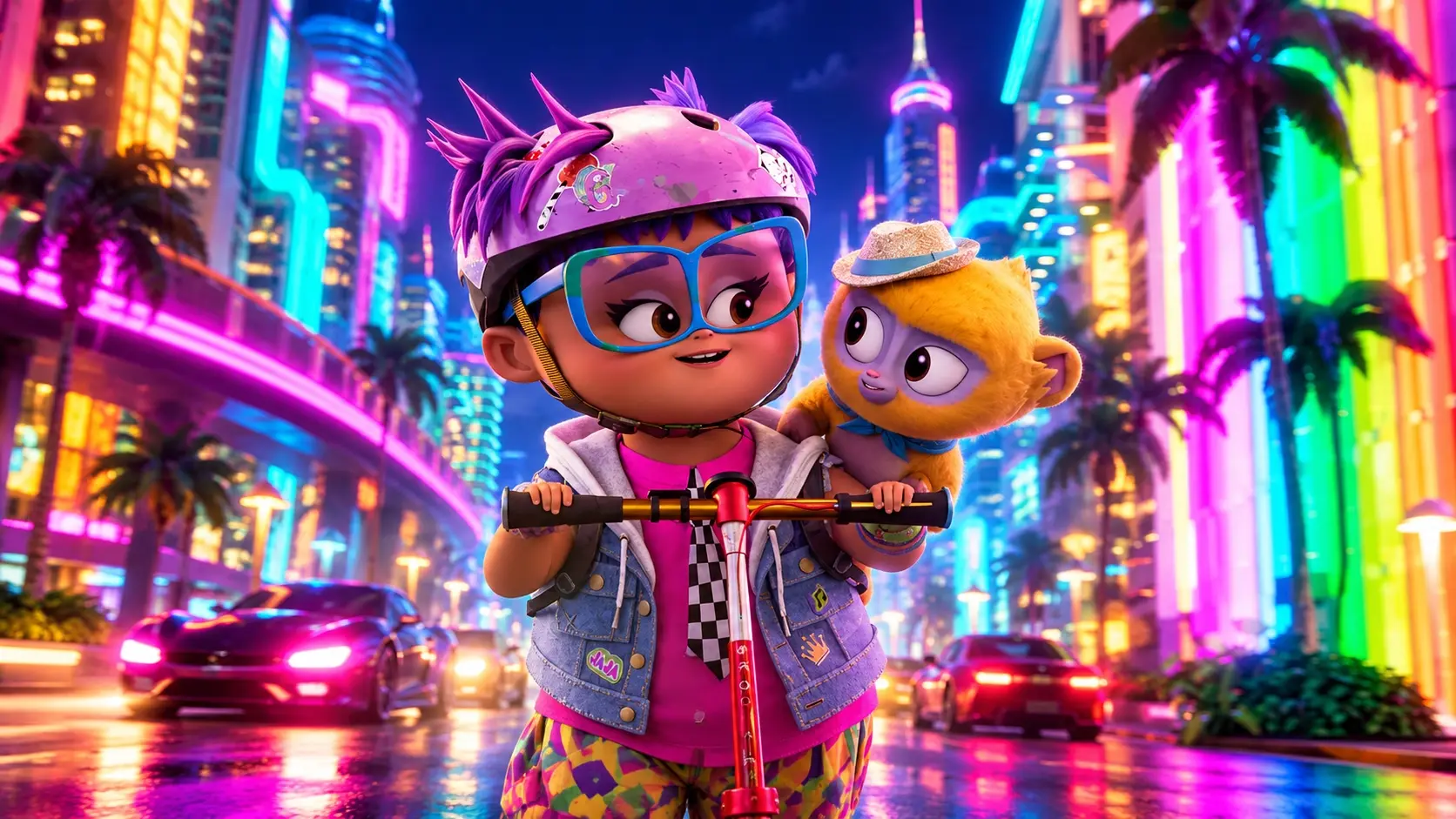 Stylized 3D characters traveling through a vibrant neon city
