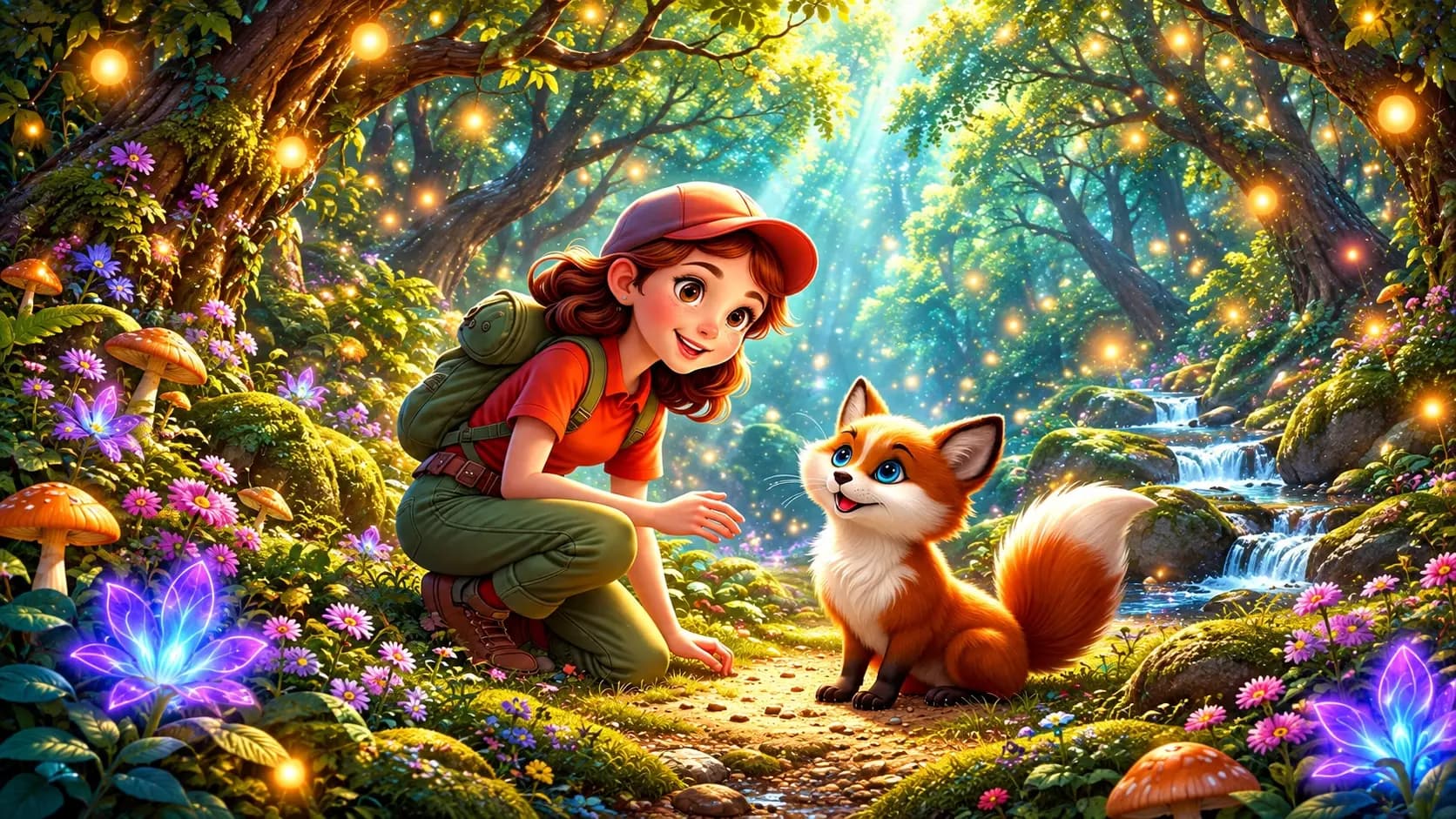 A young explorer meeting a fox in a luminous fantasy forest