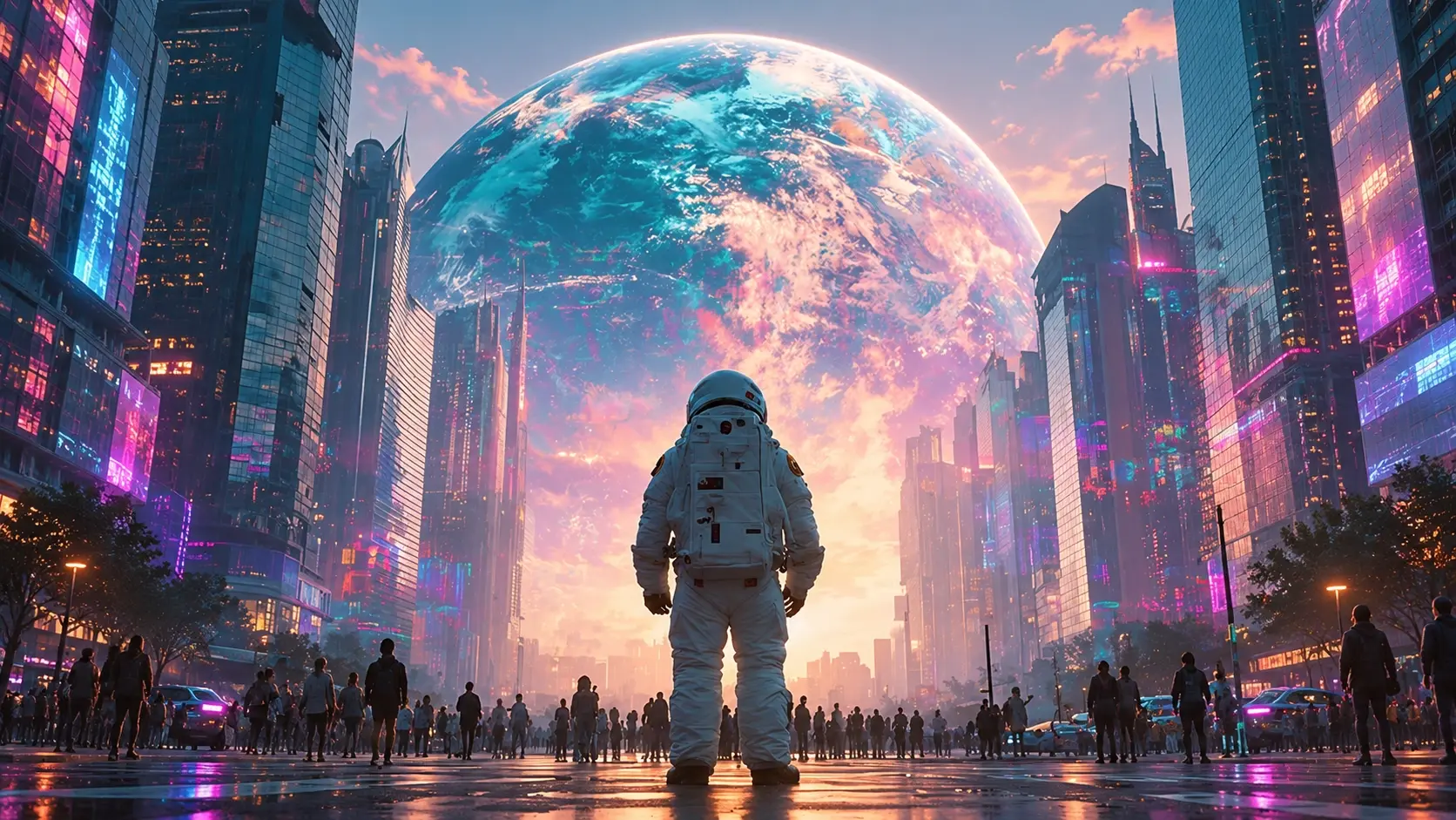 An astronaut facing a monumental planet above a futuristic city