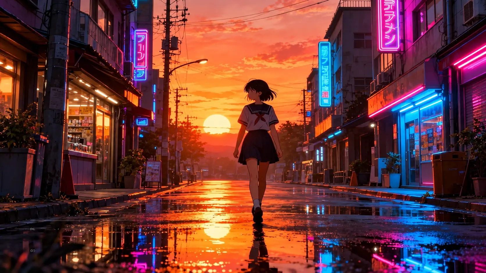 An anime-inspired character walking through a neon city at sunset