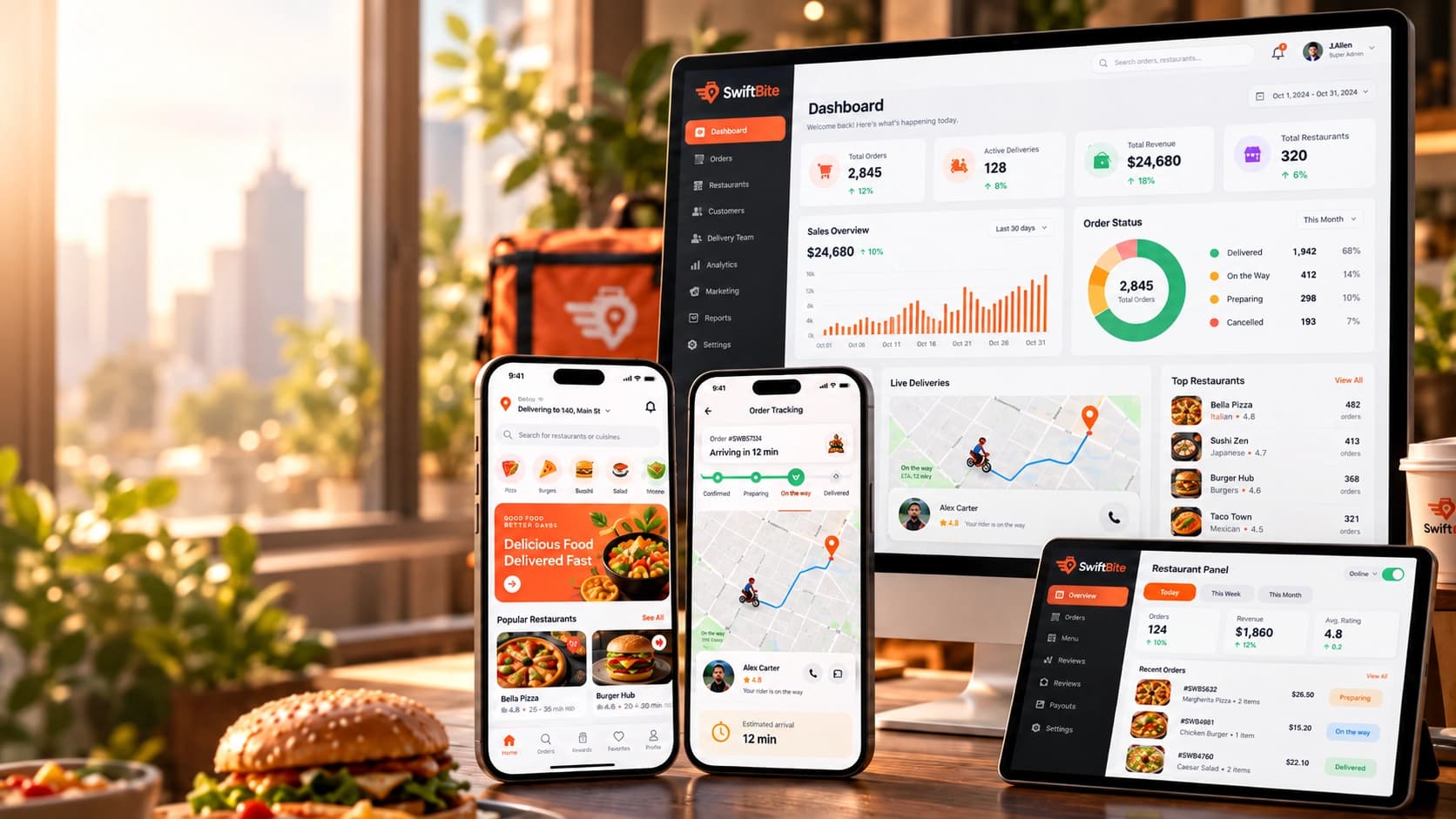SwiftBite customer and tracking apps displayed with restaurant and operations dashboards