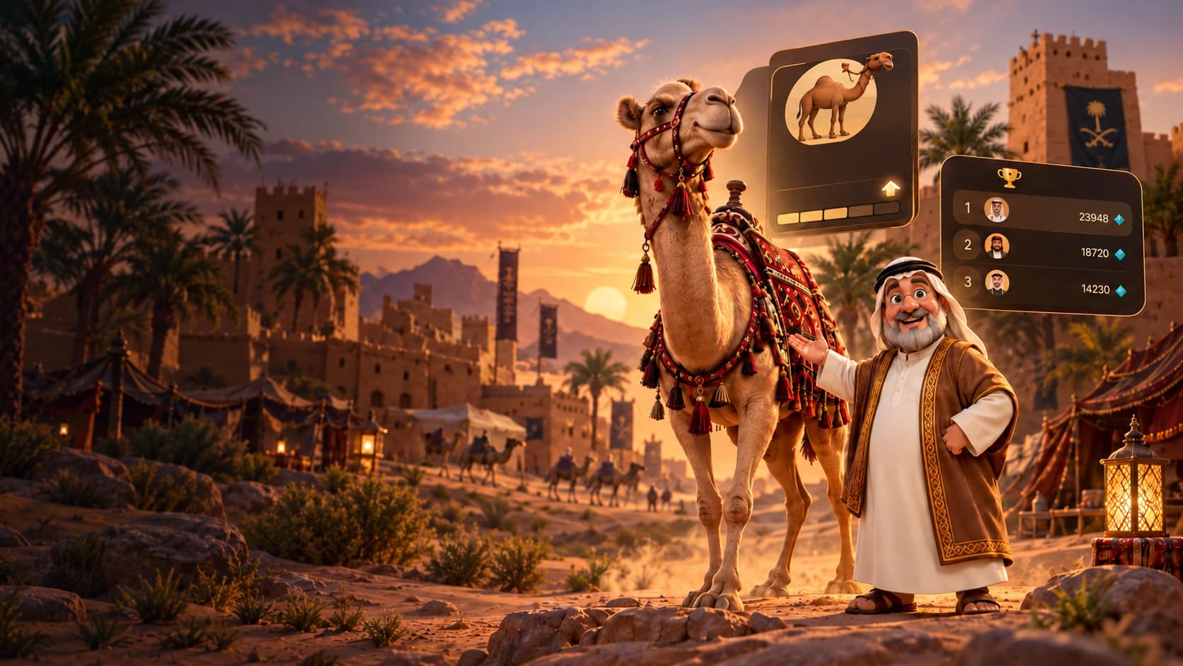 A decorated camel and Saudi handler in a heritage village at sunset with game interface panels