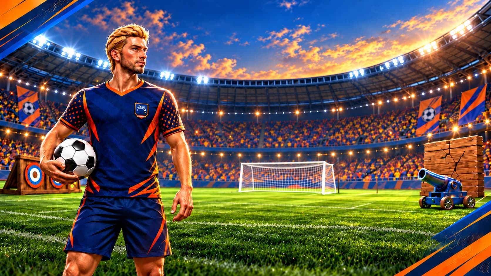 A football player holding a ball inside a colorful floodlit game arena