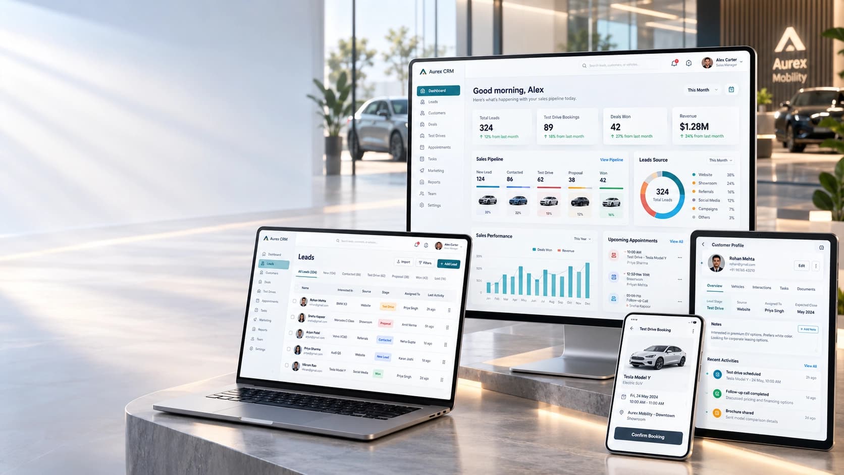 Aurex Mobility CRM displayed across desktop, laptop, tablet and mobile devices