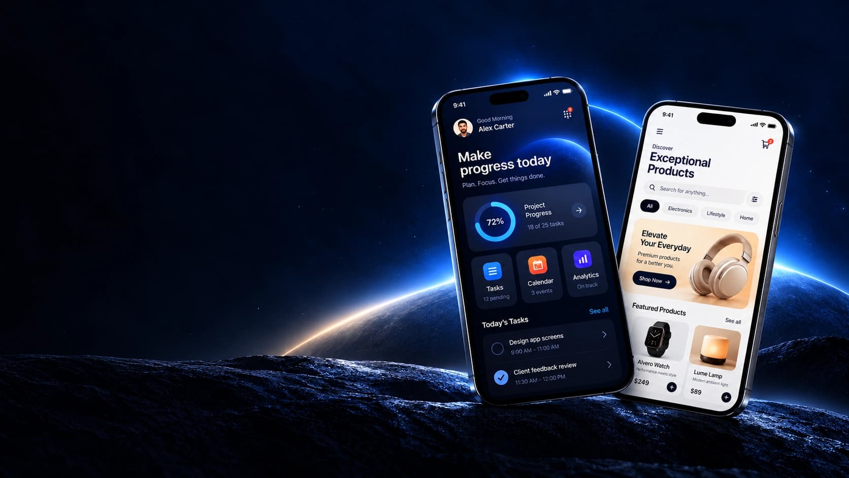 Two smartphones displaying productivity and shopping apps above a blue-lit planet horizon
